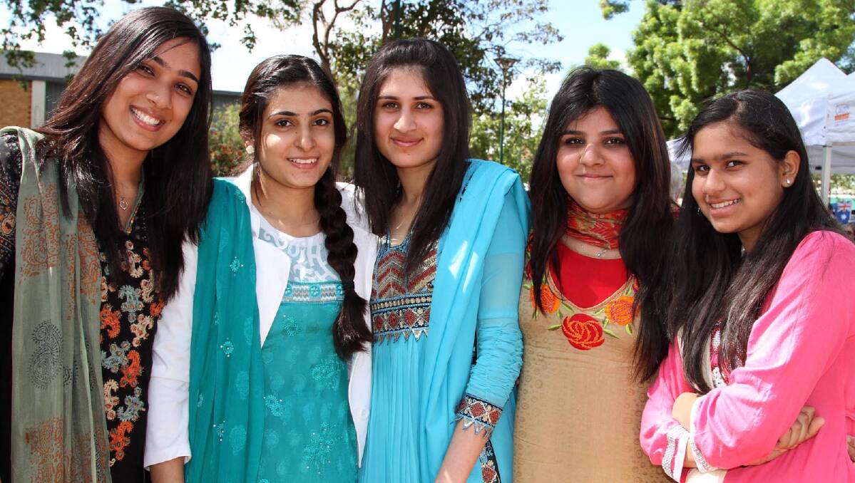 Yasmin Akhtar, Qusar Kahloo, Suroosh Safdar, Miruan Kahloo, Subhat Safdar in traditional Pakistani dress. Picture: Anthony Stipo