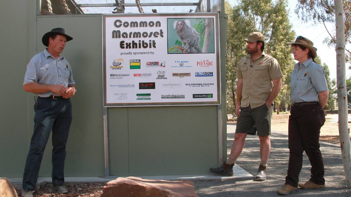 Gino Altin, Rebecca Surian and Ben Britton at the opening of the marmosets brand new display at Altina Wildlife Park. Picture: Anthony Stipo
