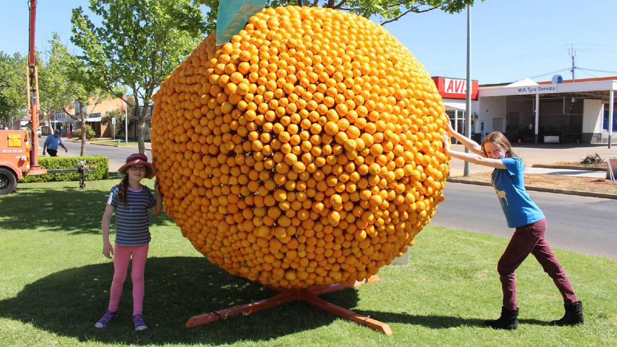 SEEING ORANGE: Dante Veal, 8, and sister Indiana, 11, take a look at the Griffith and District Citrus Growers sculpture.
