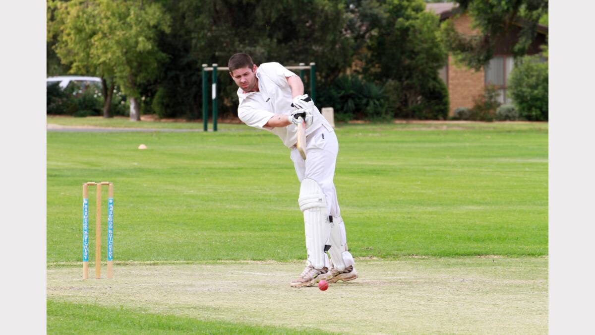 Leagues batsman Robert Willliams looks to play a Hanwood delivery on the leg side. Picture: Anthony Stipo