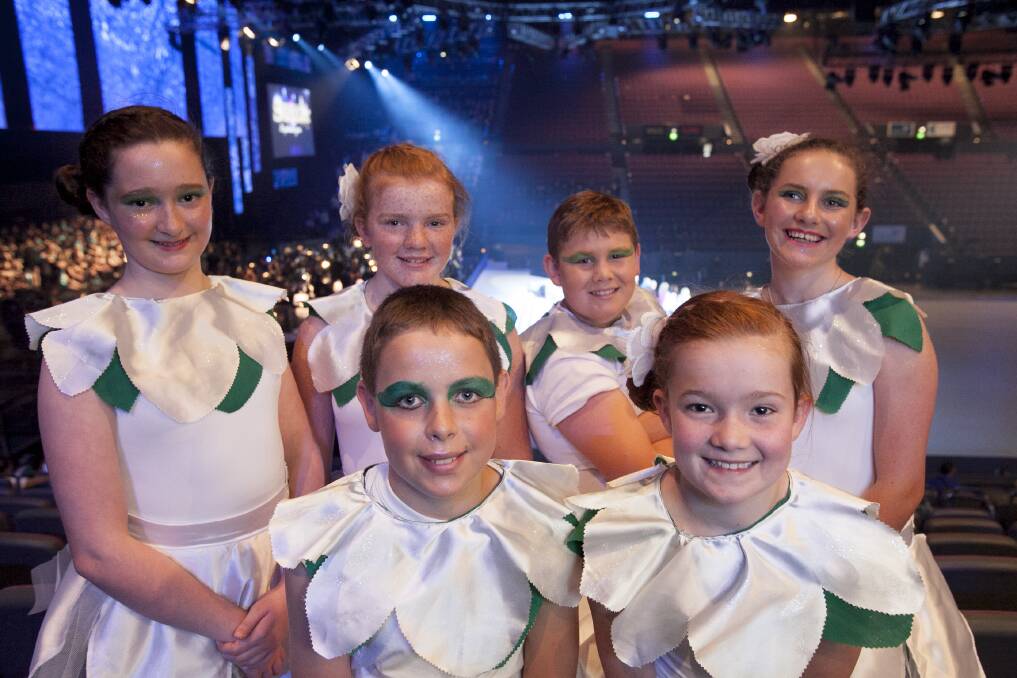 Binya Public School students Tom Geddes-Kanety, Eliza Burcham, Bella Smith, Ben Rowston, Bill Geddes and Milly Burcham pictured at this year’s Schools Spectacular.
