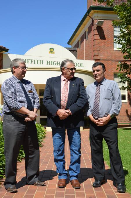 Wade High school principal Ken Chalmers, Griffith Mayor John Dal Broi and Griffith High School principal Charlie Cochrane discuss the success of the re-engagement centre in Griffith, which has been given the green light to continue.