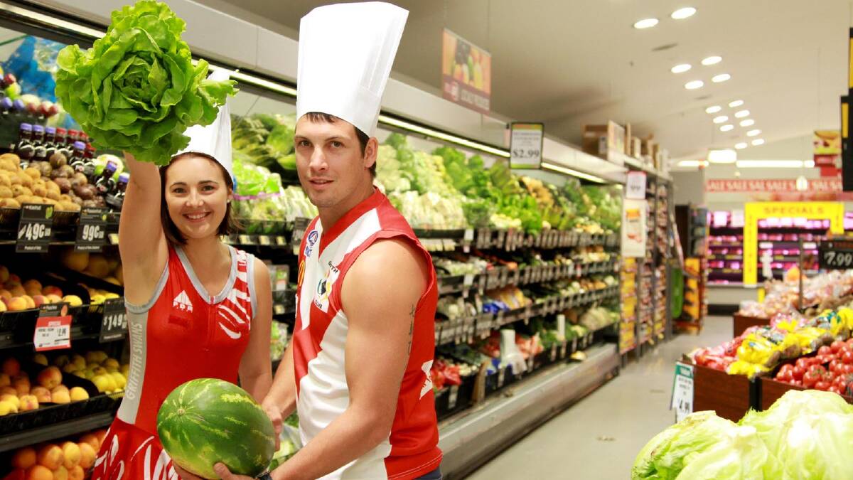 Griffith Swans netballer Chloe Catanzariti and Swans footballer Andrew Cappello are ready to do battle in this year's Superchef Sports Challenge. Picture: Anthony Stipo