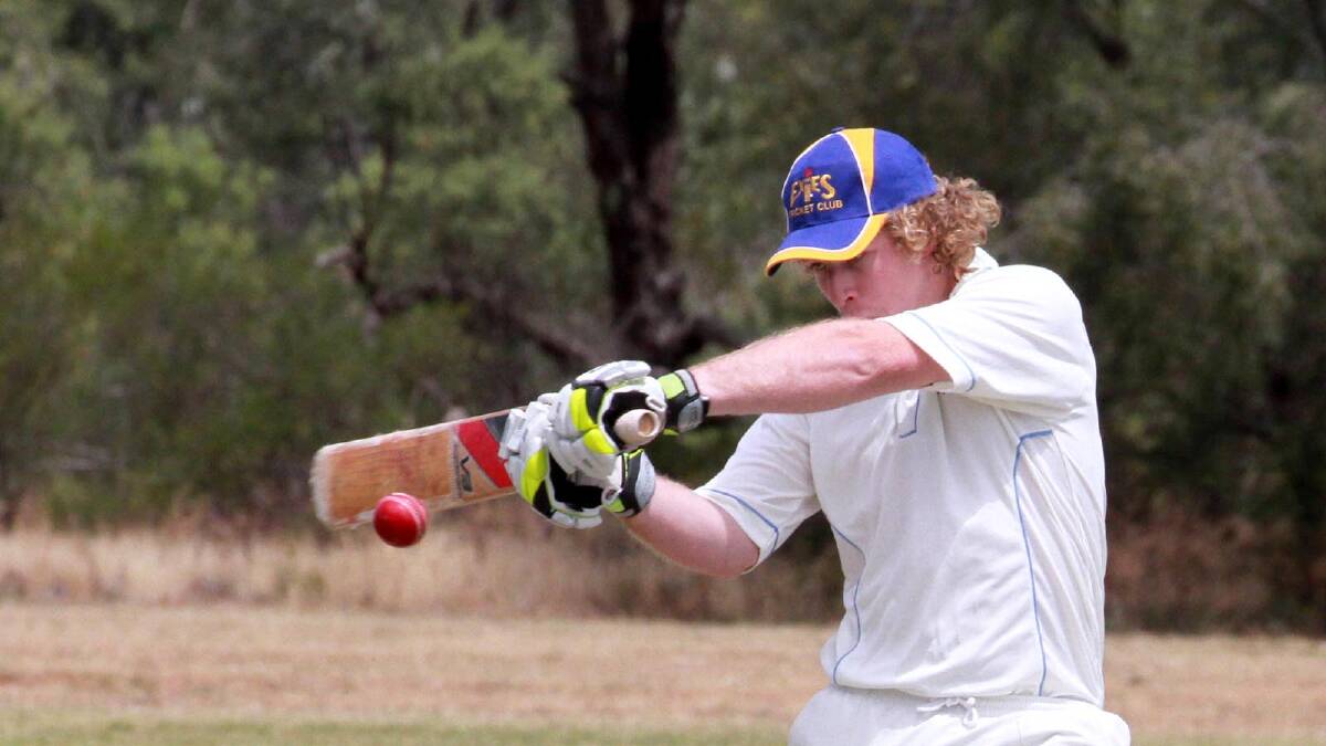 Alistair Burge connects during a first-grade game between Hanwood Sports and Exies. Picture: Anthony Stipo