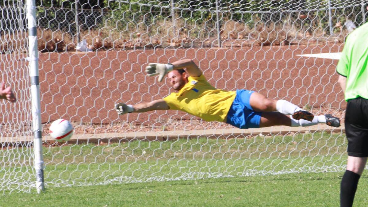 Michael de Paoli in the net for Yoogali SC. Picture: Anthony Stipo