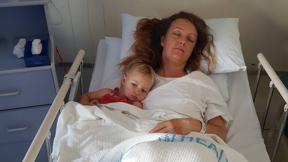 Sally Lloyd with daughter Ruby while in the hospital for her brain surgery above, and Tom McLeod recovering in hospital after his brain surgery below.