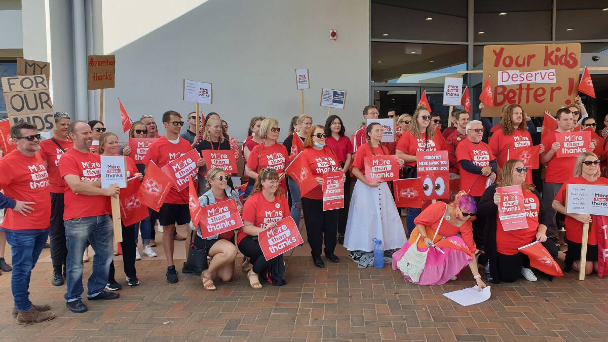 MORE THAN THANKS: Teachers from across the region gathered to participate in the statewide strike campaigning for manageable workloads and better pay. PHOTO: Cai Holroyd