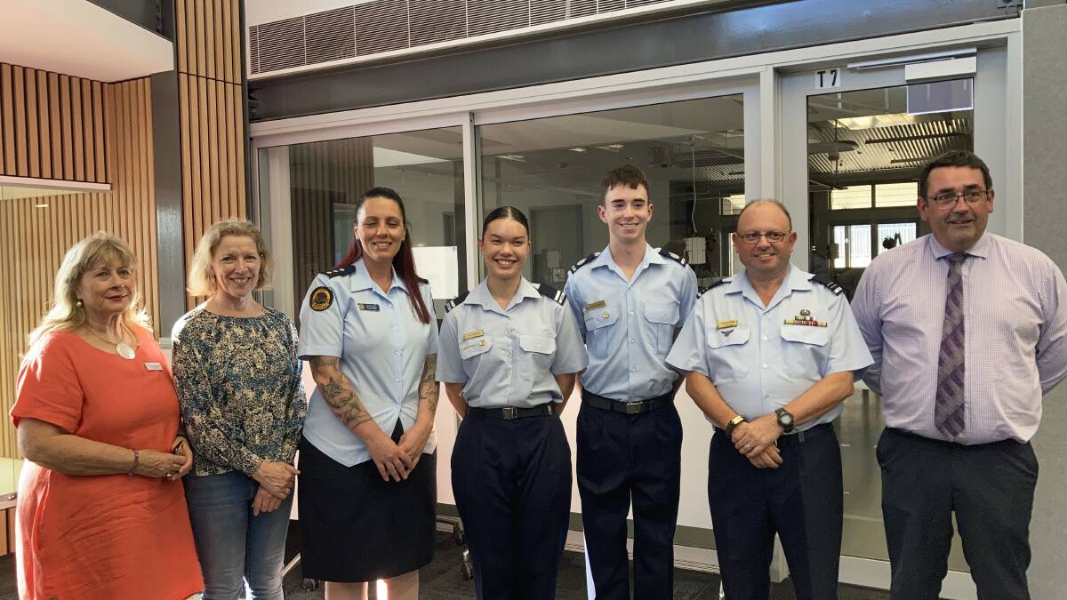 Deputy mayor Anne Napoli, Marian Catholic College principal Penny Ludicke, NSW SES Inspector Susie Skof, Cadet Under Officer Aida Wiseman, Cadet Warrant Officer Maison Crawley, Flight Lieutenant Michael Borg and MRHS Griffith principal Duncan Lovelock. Picture by Cai Holroyd