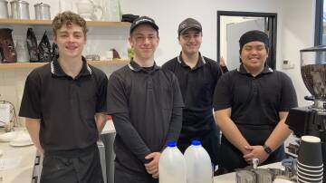 LATTE TO CLASS: Leo Forner, Tyler Crump, Keanu Ferraro and Sean Hallig manned front of house at the student's cafe. PHOTO: Cai Holroyd