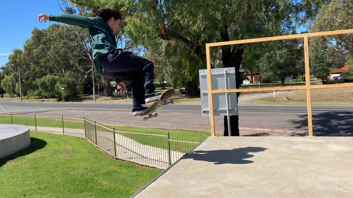 AIRTIME: Nixen Osborne showed off some of his own skills after teaching the art of skating to some of Darlington Point's youth in the morning. PHOTO: Cai Holroyd
