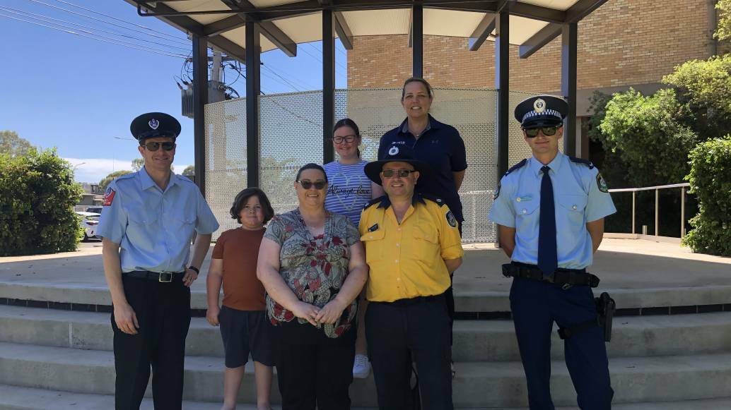 FIRST RESPONSE: Retained firefighter James Brown from Fire and Rescue, Caleb Borg, Wendy Borg from the RFS, Rosie Borg, Operational Officer Michael Borg from the RFS, Nicole Delle Coste from Fortem Australia and Constable Tim Holmes. PHOTO: Cai Holroyd