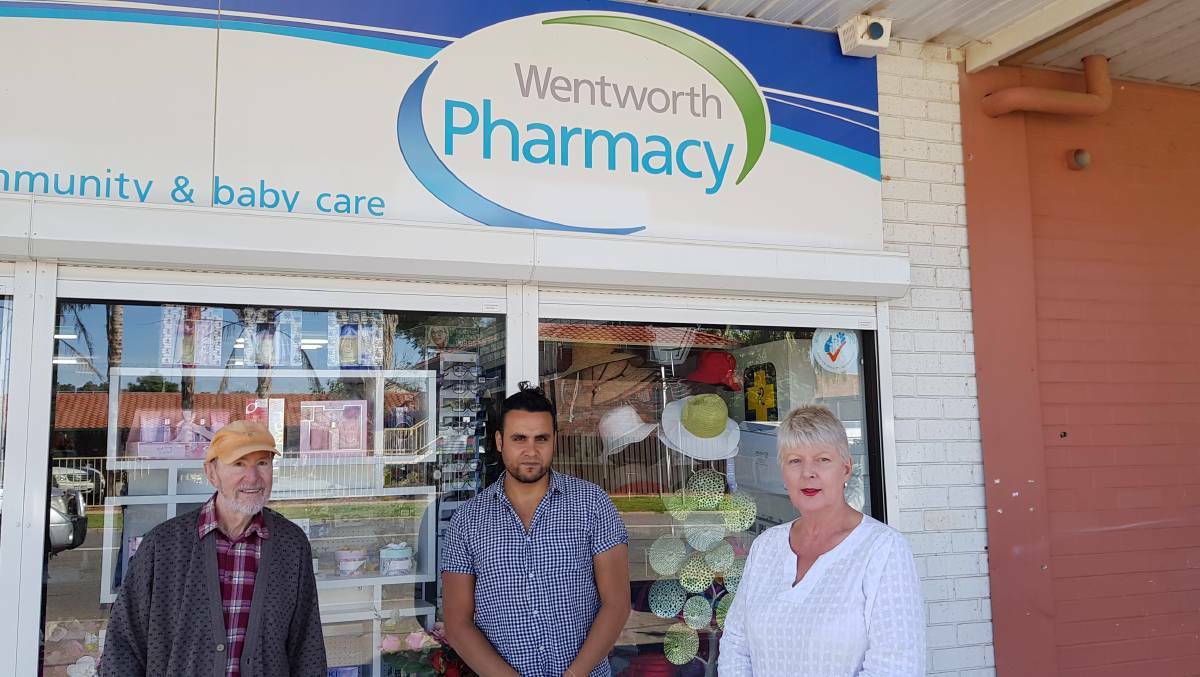 Wentworth District Community Medical Centre Inc president Glenis Beaumont with pharmacist Alex Elfeki and Wentworth local Ian Atkinson. Photo on file.