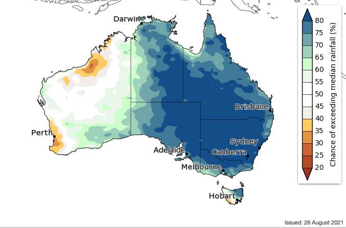 FORECAST: This image from the Bureau of Meteorology shows the chances of above-average rainfall over September to November. IMAGE: Contributed