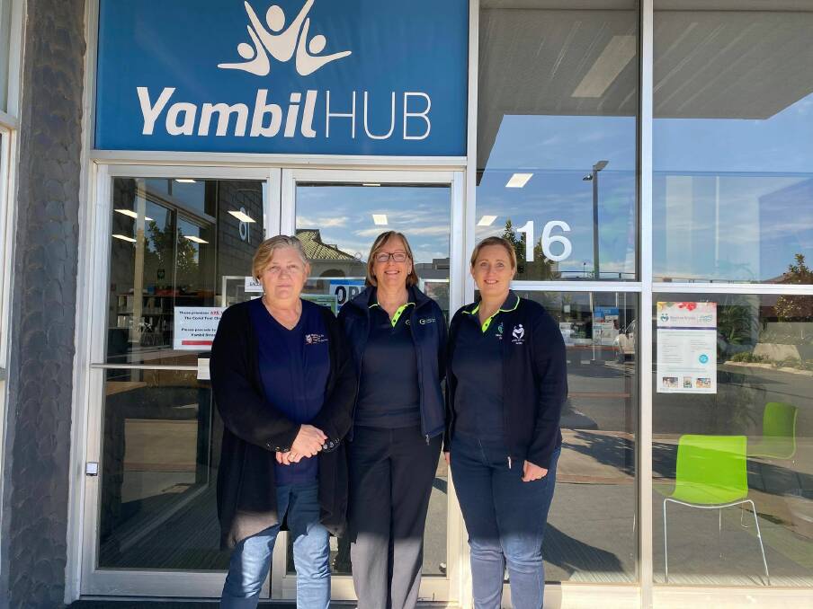 HAPPY TO BE HERE: Maryann Seymour, CEO of Dyirri-Bang-Gu Aboriginal Aged Care Services (left), Monica Beckman at Griffith Aged Support Service and Senior Coordinator at Meals on Wheels Tennille Valensisi outside of the Yambil Hub. PHOTO: Lizzie Gracie