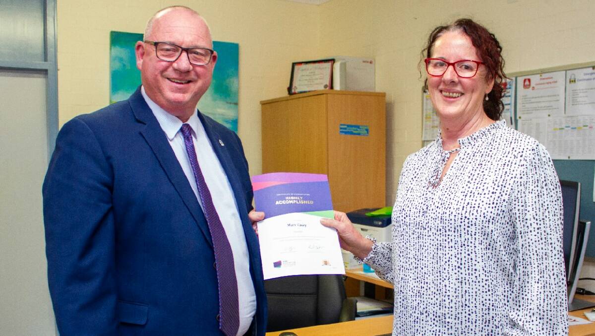 AN ACCOMPLISHED ACHIEVEMENT: Murrumbidgee Regional High School Executive Principle David Crelley and 'Highly Accomplished Teacher' Mary Casey. PHOTO: Murrumbidgee Regional High School