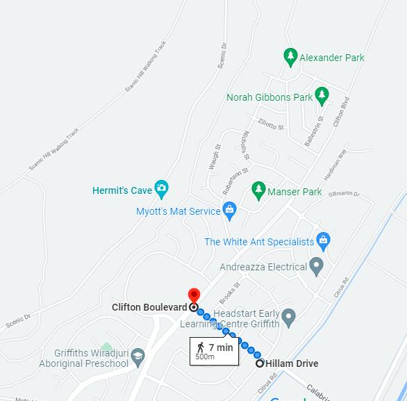 MORE BUS STOPS NEEDED: North of Clifton Boulevard and Hillam Drive there are no school bus stops in Collina, many children walking more than a kilometre and often more to get to their closest bus stop. PHOTO: Google Maps 