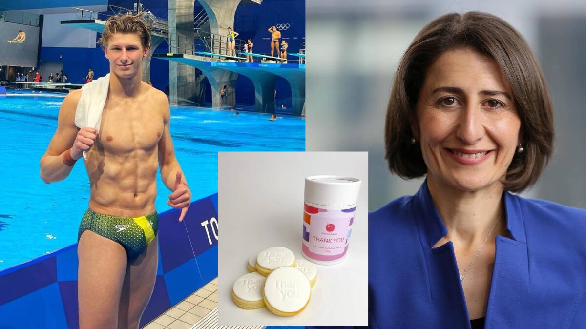 Australian Olympian Sam Fricker (left) has received a package of biscuits (centre) from NSW Premier Gladys Berejiklian (right).