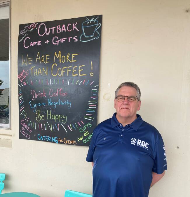 Rural Outreach Counsellor Brendan McCory pictured at Darlington Point's Outback Cafe and Gifts for the event on Thursday. Picture supplied