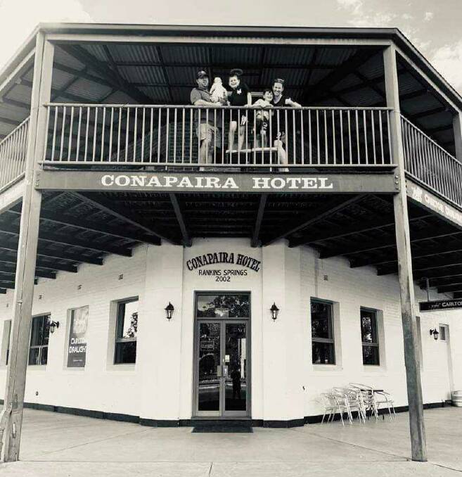 Conapaira Hotel owner Johnathan Streat pictured with his family at the hotel. Big plans are also underway for plenty of entertainment at the pub for the towns centenray weekend. Photo supplied