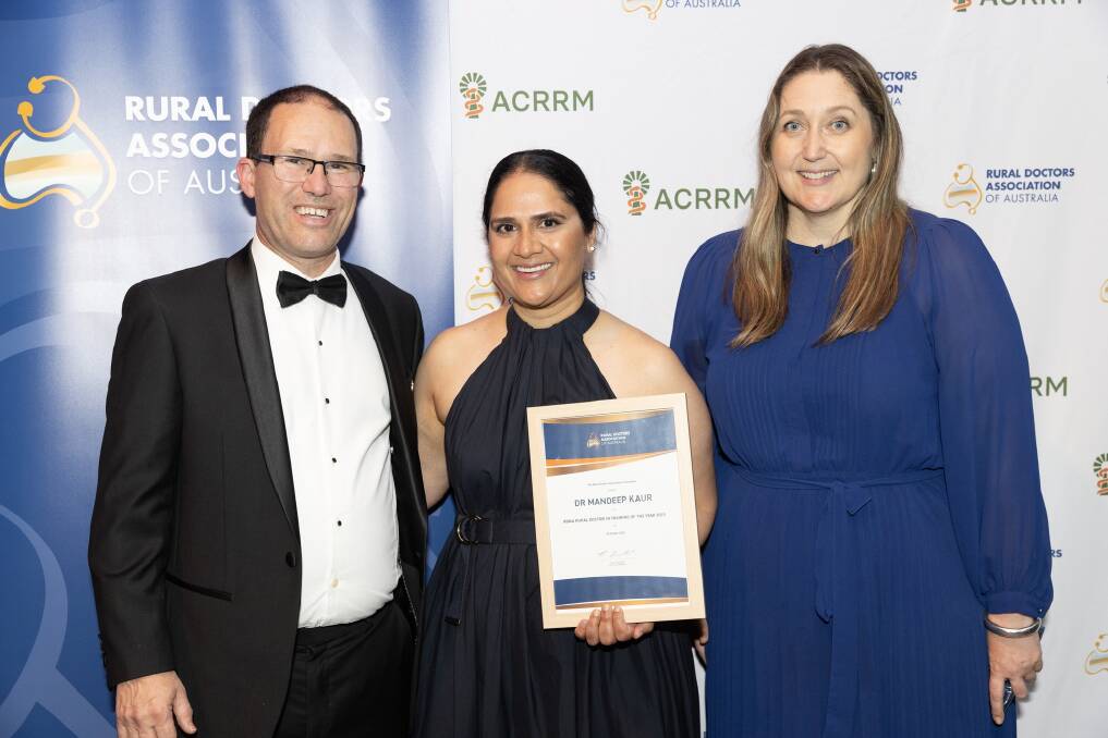 Hillston-raised junior doctor and 2023 RDAA Rural Doctor in Training of the Year recipient Dr Mandeep Kaur (centre) with RDAA President Dr RT Lewandowski, and Federal Assistant Minister for Rural and Regional Health, Emma McBride at the awards night in Hobart last month. Picture supplied