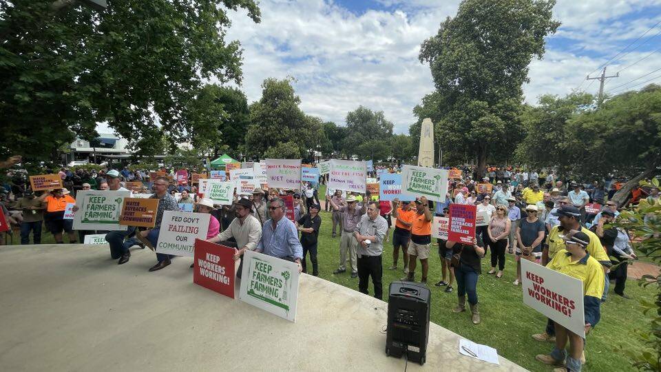 Protestors packed Griffith's Memorial Park on Tuesday as part of buybacks rallies held across the MIA and beyond. Pictured at the head of the stage are National Farmers Federation Chief executive Tony Mahar, Griffith City Mayor Doug Curran, Member for Murray Helen Dalton, Griffith Business Chamber president John Nikolic and Griffith farmer and city councillor Glen Andreazza. Picture By Allan Wilson