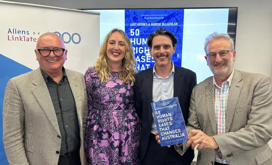 Helping celebrate the Sydney launch of 50 Human Rights Cases That Changed Australia is former Victorian Supreme Court Justice the Honorable Kevin Bell AM QC, authors Lucy Geddes and Hamish McLachlan and public commentator Jon Faine AM. Picture supplied
