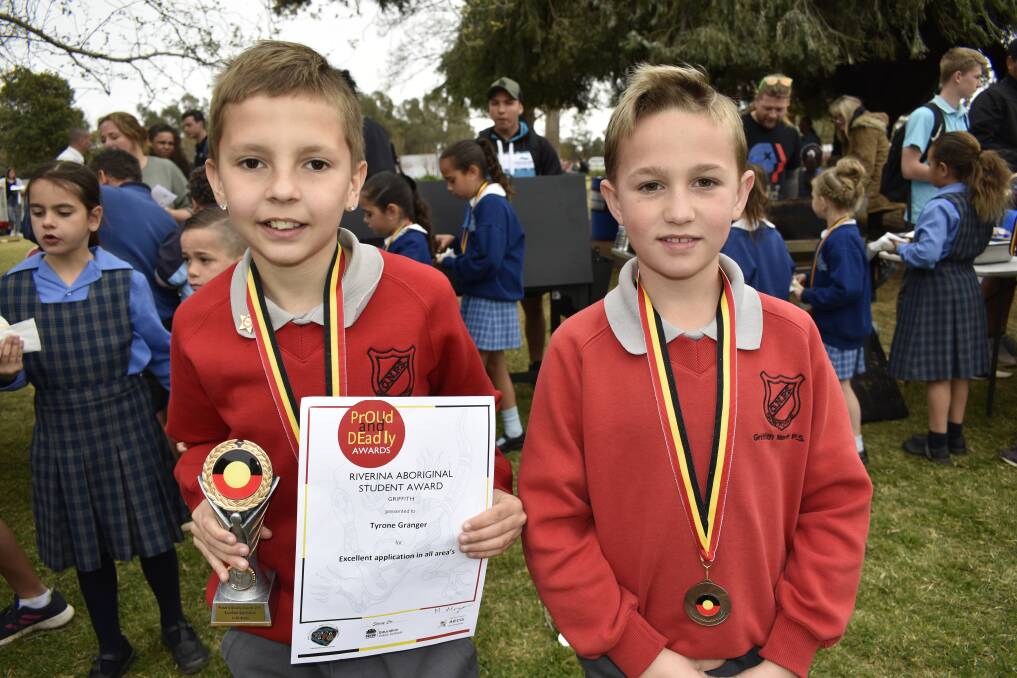 DEADLY: Tyrone Granger and Lane Stewart from Griffith North Public School were two of the young Aboriginal achievers who were applauded for their accomplishments at the Proud and Deadly Awards. PHOTO: Kenji Sato