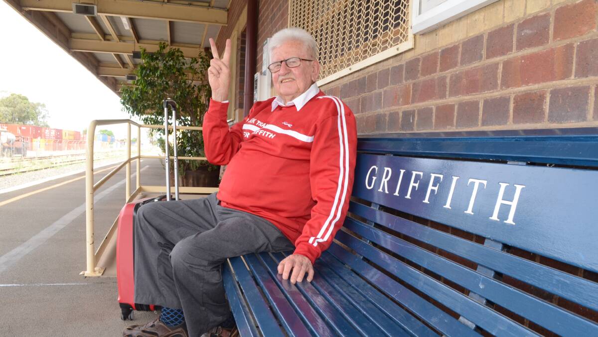 Rail campaigner Peter Knox pictured back in 2018, celebrating the restoration of a midweek service between Griffith and Sydney. 