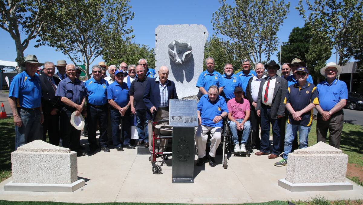 THE TEAM: Griffith Rotary Club members came together to proudly unveil their newly made monument to the town's pioneers on Saturday. Picture: Anthony Stipo