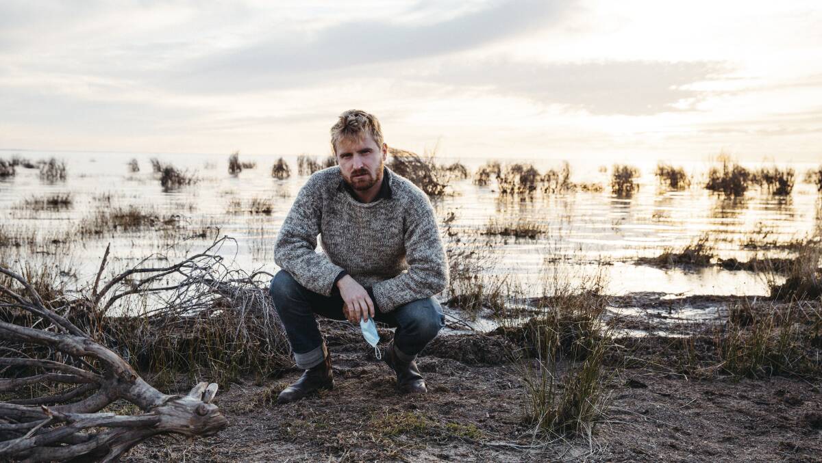 Podcaster Tom Melville at Lake Menindee. Picture: Dion Georgopoulos