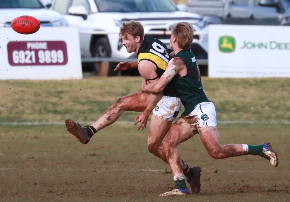SEASON OVER?: Wagga Tigers Brady Morton gets a kick away against Coolamon earlier this season. Picture: Les Smith