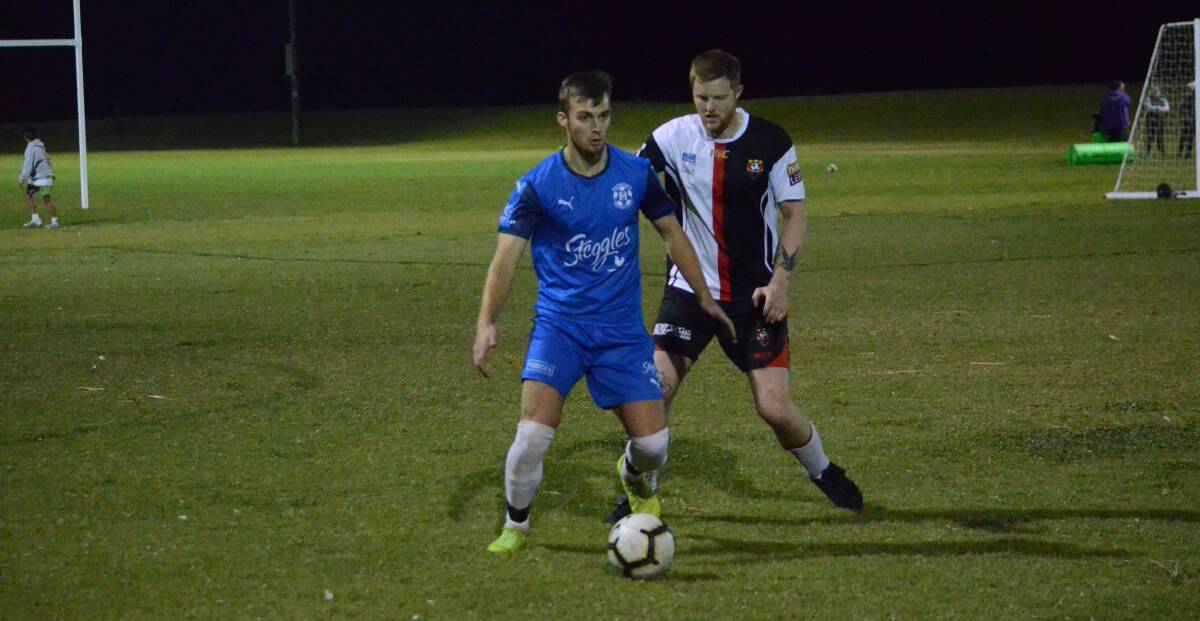 HITTING FORM: Hanwood striker Nick Kennedy playing for Leeton United earlier this season. Kennedy has hit some strong goal-scoring form in time for Sunday's grand final. Picture: Liam Warren