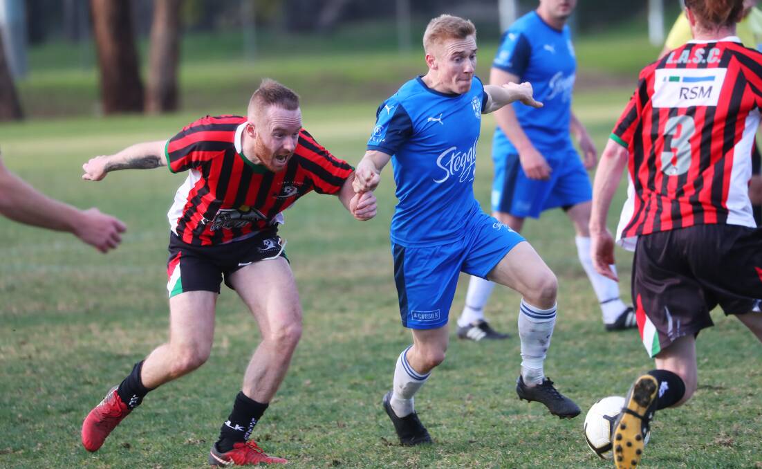 RED CARDED: Hanwood's Andy Gamble is facing suspension after he was sent off playing for Wagga City Wanderers on Saturday. Picture: Emma Hillier