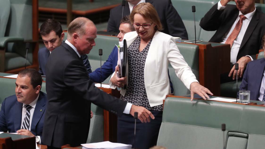 UNFAMILIAR TERRITORY: Russell Broadbent showed Farrer MP Sussan Ley to her new position on the backbench when Parliament resumed on Tuesday. PHOTO: Andrew Meares