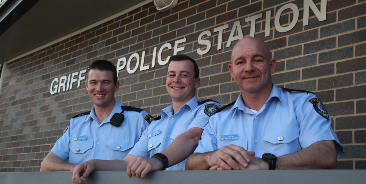 NEW RECRUITS: Three of the five new recruits at the Griffith Police Station Constables Thomas Barron, Benjamin Comerford and Anthony Butcher. Picture: Anthony Stipo.