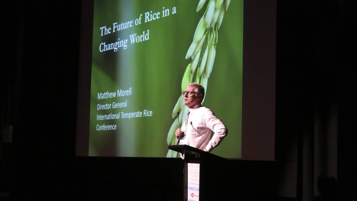 INNOVATION: Dr Matthew Morell speaks at the International Temperate Rice Conference in Griffith on Tuesday. PHOTO: Brett Naseby.