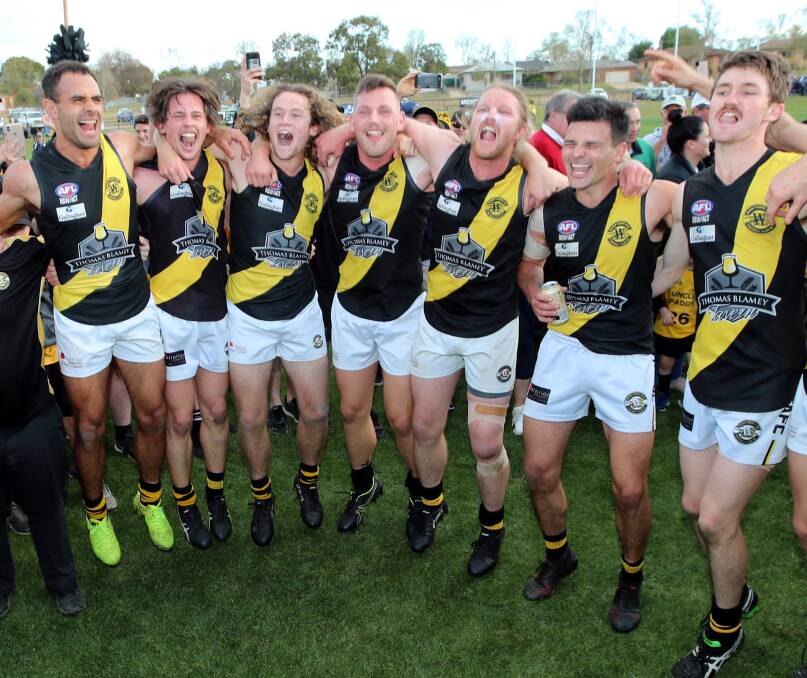 D-DAY LOOMING: Wagga Tigers celebrate their 2019 premiership victory at Narrandera Sportsground last September. Picture: Les Smith