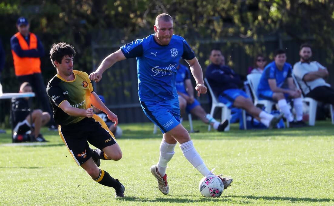 ON THE ATTACK: Daniel Johnson looks to take the ball forward for Hanwood in the 3-3 draw against Tumut at Rawlings Park on Sunday. Picture: Emma Hillier