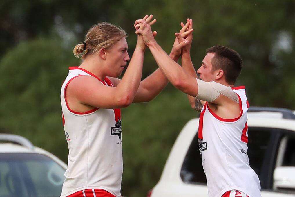 Nathan Richards celebrates a goal for Griffith in round one.