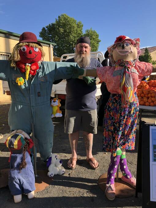 NO SHOW SCARECROW: Brett Brown and the Griffith Show scarecrows, "Alistair" and "Pat". PHOTO: Kat Vella