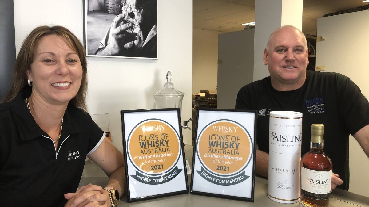 ELATED: Michelle and Mark Burns from Aisling Distillery are more than pleased taking home two 'Highly Commended' gongs from the Icons of Whisky Australia awards. PHOTO: Kat Vella