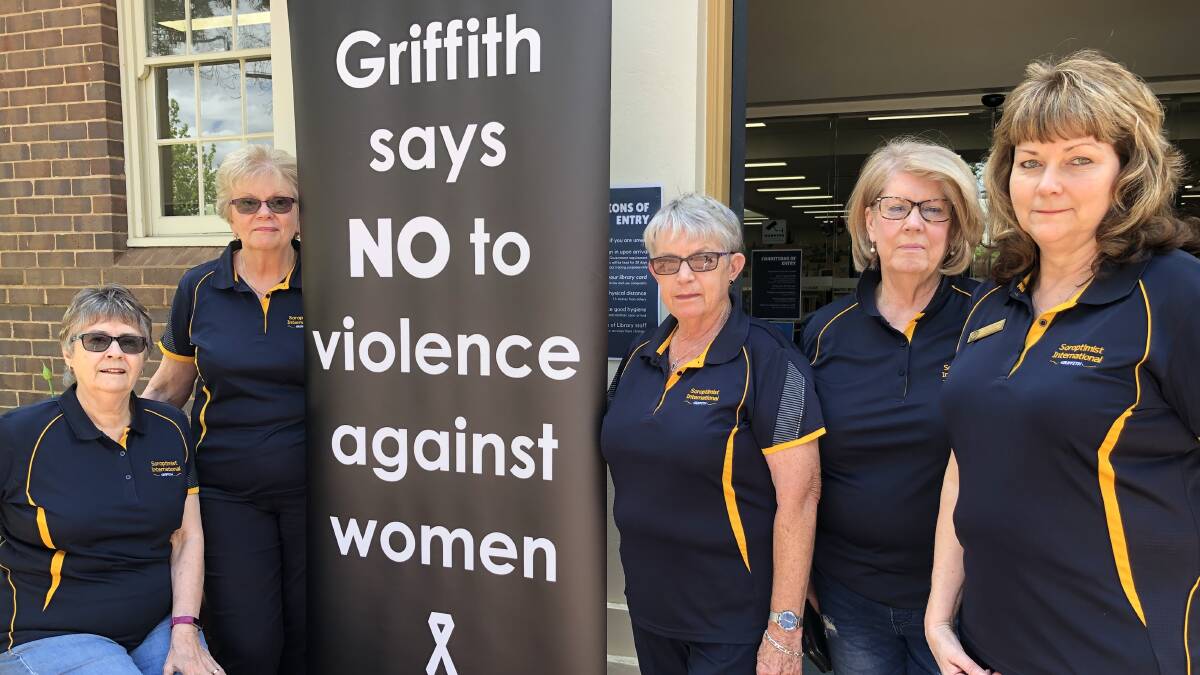 EVERYBODY"S BUSINESS: Representatives from the Griffith Soroptimists say that any kind of violence is everybody's business in the community. From left Robyn Galloway, Gerry Rohan, Will Mead, Trish Clarke and President Sue Ruskin. PHOTO: Kat Vella