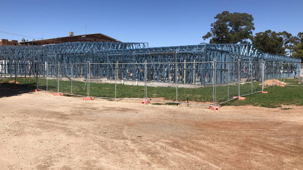 UNDERWAY: Construction for the new Community Centre in Olympic street is well underway with the roof being the next step in the process. PHOTO: Kat Vella