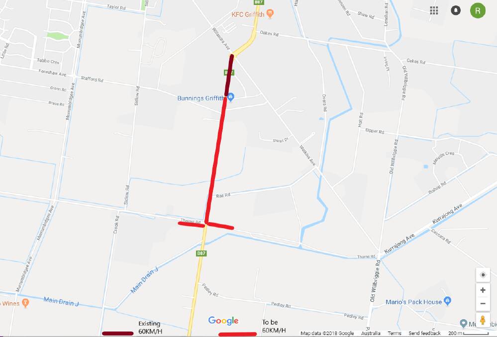 Speed reduction: This maps shows the area along Kidman Way and Thorne Road Griffith City Council is requesting be slowed to 60km/h. Source: Google Maps. 