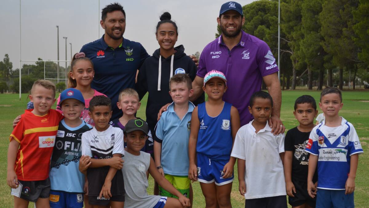 Rugby league stars Jordan Rapana and Dale Finucane drew big crowds at Jubilee Park on Tuesday 