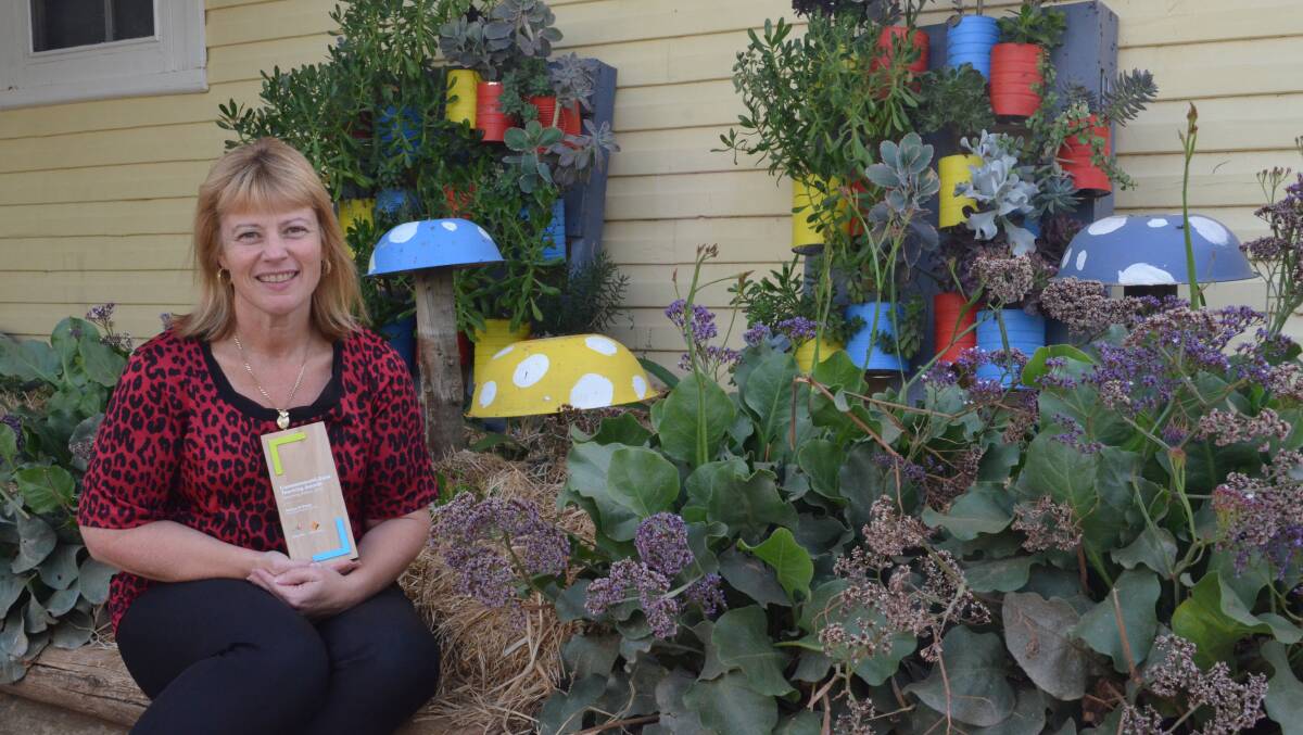 Hanwood Principal: Monica St Baker with at the toadstool garden bed which was made by her year five and year six students for their project based learning. PHOTO: Reuben Wylie 
