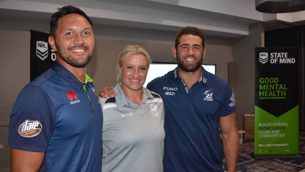 NRL Stars: Jordan Rapana, Ruan Sims and Dale Finucane at the Southside Leagues Club on Monday Afternoon. Picture: Reuben Wylie 