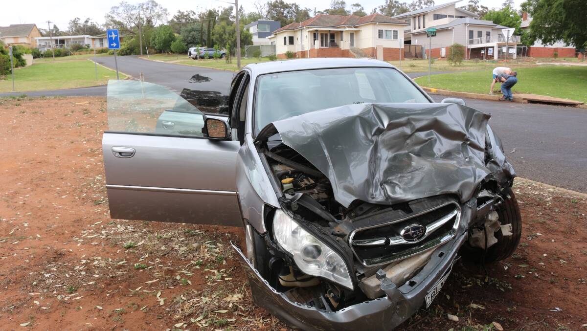Crashed car: One of two vehicles involved in a crash at the corner of Boonah Street and Noorilla Street on Friday afternoon. Picture: Reuben Wylie. 