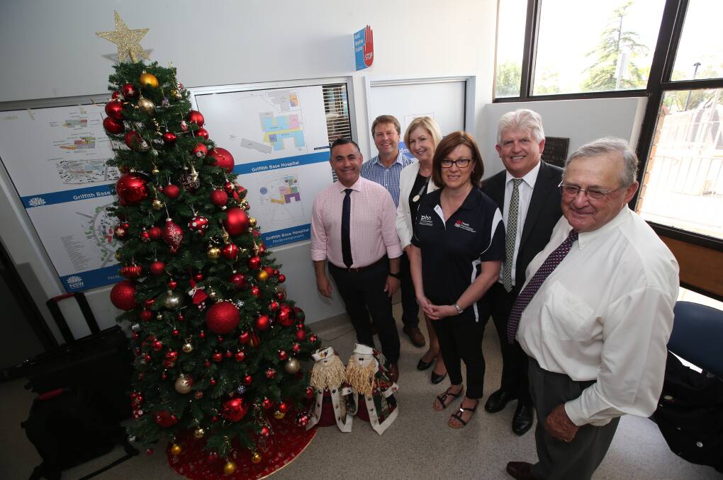 CHRISTMAS JOY: Deputy Premier John Barilaro, Member for Murray Austin Evans, MLHD CEO Jill Ludford, LHAC Chairwoman Margaret King, Council general manager Brett Stonestreet and mayor John Dal Broi. Picture: Anthony Stipo