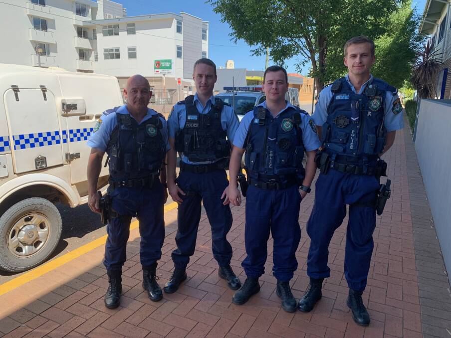 WATCHING OUT: Constables Anthony Butcher, Adam Richardson, Ben Cumberford, Tim Holmes wearing the ‘Body Worn Video’ (BWV) cameras which have just reached the district. Picture: Jacinta Dickins